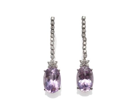 A Pair of 18 Carat White Gold Kunzite and Diamond Drop Earrings, a row of round brilliant cut diamonds suspends a cluster of 