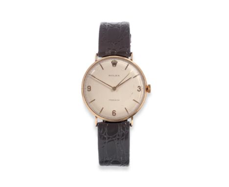 A 9ct Gold Centre Seconds Wristwatch, signed Rolex, Precision, circa 1965, lever movement, silvered dial with applied Arabic 