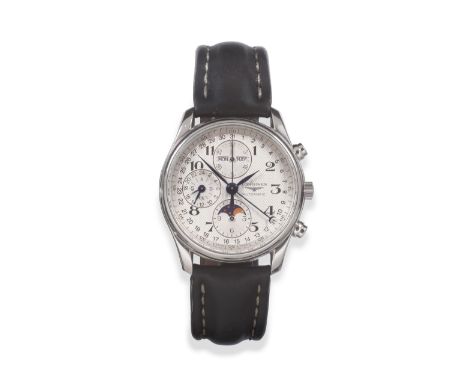 A Stainless Steel Automatic Triple Calendar Chronograph Wristwatch with Moonphase and 24-Hour Indication, signed Longines, Th
