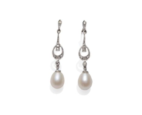 A Pair of Diamond and Cultured Pearl Drop Earrings, the Art Deco style drops inset with eight-cut diamonds suspend a cultured