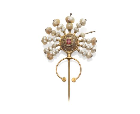 A Pink Stone and Pearl Pin, the pink step cut stone set centrally within a cannetille frame, with a spray surround of stems t
