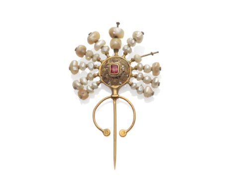 A Pink Stone and Pearl Pin, the pink step cut stone set centrally within a cannetille frame, with a spray surround of stems t