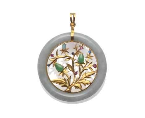 An Eastern Jade And Gemstone Pendant, a floral and foliate motif inset with pear shaped cabochon jade, an oval cabochon opal,