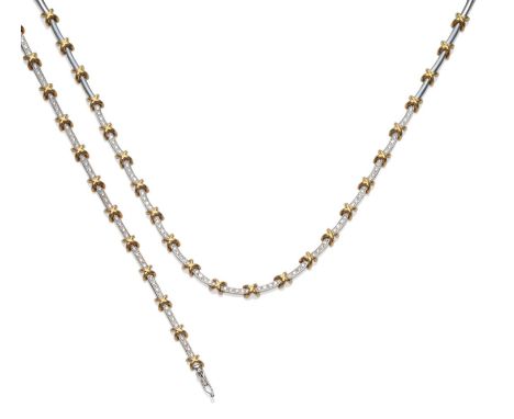 An 18 Carat Gold Diamond Necklace and Bracelet Set, round brilliant cut diamonds inset within white bar links, to the front o