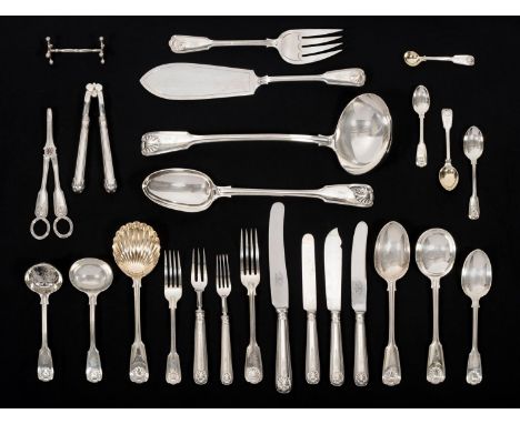 An Extensive 197 Piece Table Service of Silver Flatware, Mappin & Webb, London 1918, Fiddle, Thread and Shell pattern, engrav