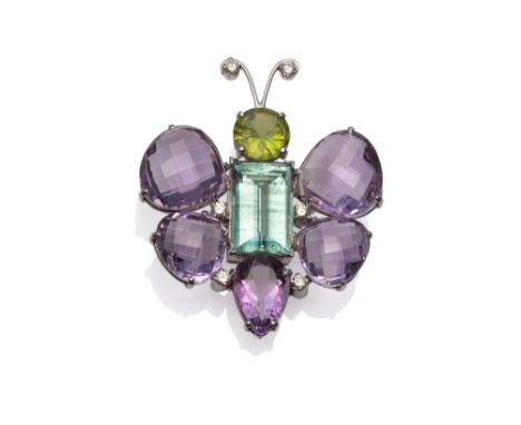 A Multi Gem Bug Pendant, a round brilliant cut peridot, a step cut aquamarine and faceted pear shaped amethysts form the bug 