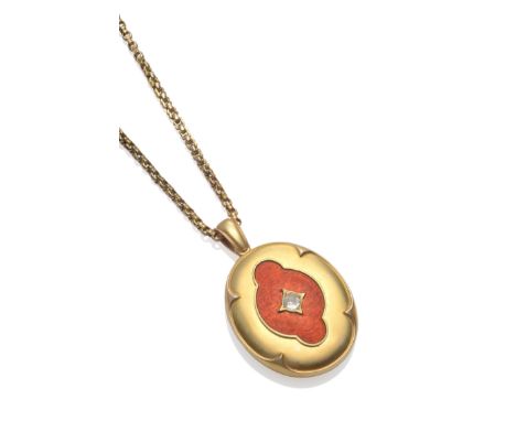 A Victorian Diamond Set Locket on Chain, an oval locket inset with an old cut diamond, within a shaped orange enamel border, 