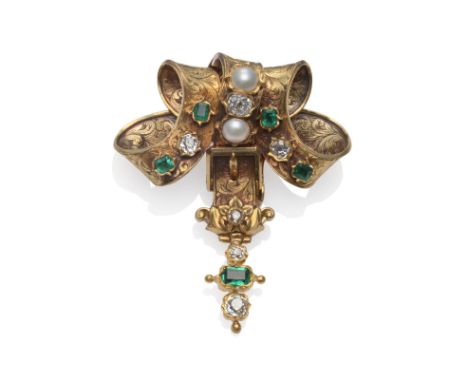 A Victorian Diamond, Pearl and Emerald Set Brooch, in an entwined form, with buckle detail, scroll engraved throughout, set w