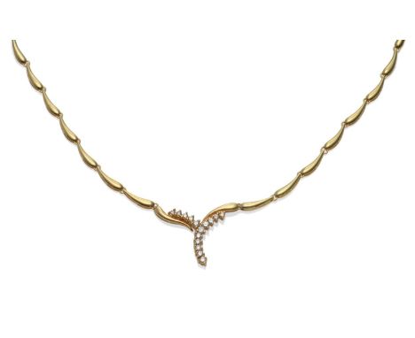 A Diamond Set Necklace, of drop shaped polished yellow links, to a centre of round brilliant cut diamonds, in yellow claw set