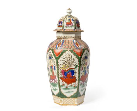A Worcester First Period Vase and Cover, circa 1770, of hexagonal section and shouldered form, with domed cover, decorated wi