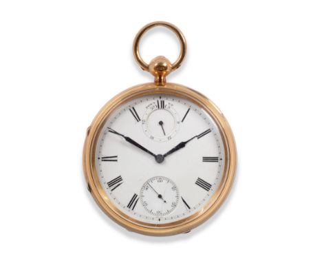 An 18ct Gold Open Faced Pocket Watch with Power Reserve Indication, 1882, lever movement, enamel dial with Roman numerals, su