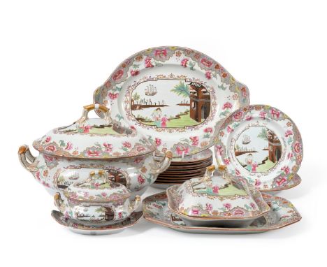 A Spode Stone China Part Dinner Service, circa 1820, printed and overpainted in famille rose style enamels with figures and s