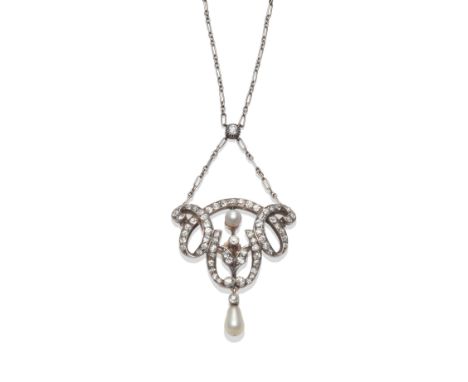 A Diamond and Pearl Brooch/Pendant, circa 1900, old cut diamonds set throughout, a pearl centrally, and a second suspended fr