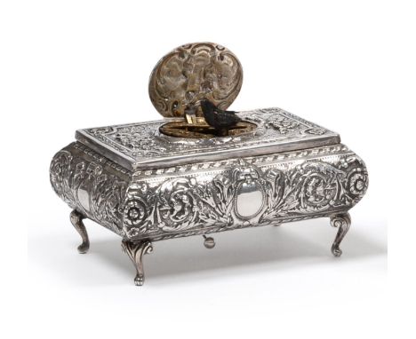 A Singing Bird Musical Automaton, late 19th century, the bombe shaped rectangular body raised on four ball and claw feet with
