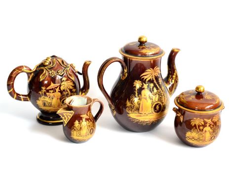 A Rockingham Brown Glazed and Gilded Four Piece Tea and Coffee Service, circa 1830, each piece gilded with mandarin lady in a