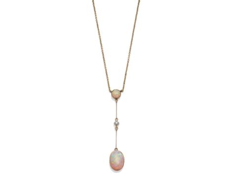 An Edwardian Opal and Pearl Necklace, the drop comprising a round cabochon opal, to a small pearl, and then an oval cabochon 