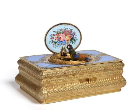 A Swiss Gilt and Enamel Singing Bird Box, in the manner of Charles Bruguier, 19th century, of bombé sided rectangular form, w