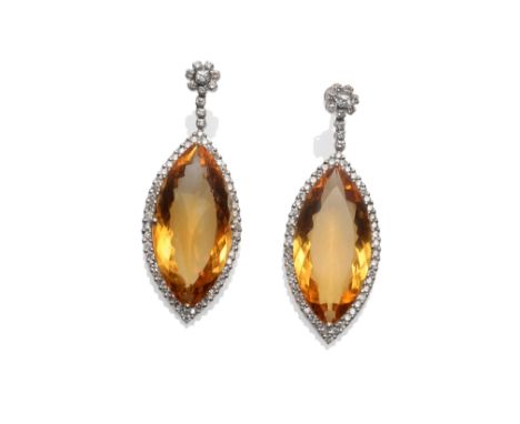 A Pair of 18 Carat White Gold Citrine and Diamond Earrings, a diamond cluster suspends a marquise cut citrine within a border