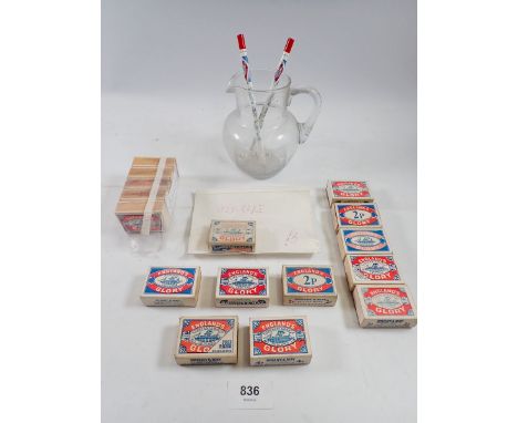 A group of English Glory matchboxes including a white box example and a glass England's Glory advertising water jug 