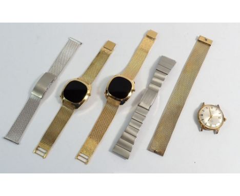 A box of gentleman's watch cases and straps incuding a silver gilt watch strap by Shackman, two digital watch cases and a Rot