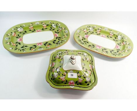 An early 19th century Spode creamware tureen and two meat plates painted floral design on pea green ground, not marked but wi