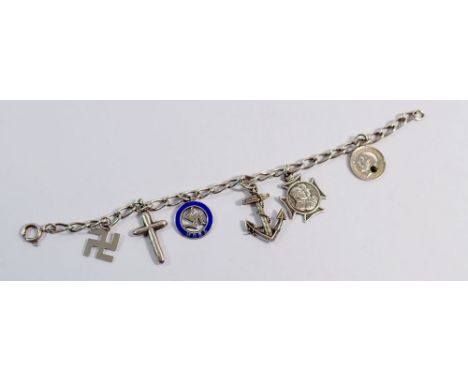 A silver charm bracelet to include anchor charm, crucifix etc. 18cm long