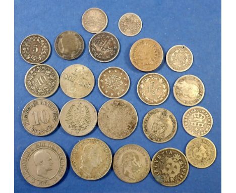 A group of 19th Century world coins including some silver content, AUstria 1/4 florin 1859, Switzerland 5, 10, 20 rappen, USA