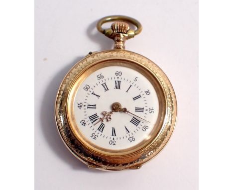 A 14 carat gold fob watch with enamel face and engraved decoration, 20.2g