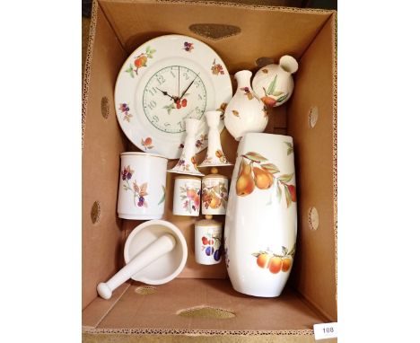 A selection of Royal Worcester Evesham including large clock - 31cm, small vases, pestle and mortar and storage containers et