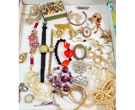 A box of costume jewellery including silver bracelet and crucifix plus Concerta watch 