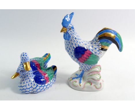 A Herend cockerel, 13.5cm tall and a similar duck group