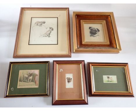 Four various pug dog portraits including a good charcoal example signed LH, cigarette card mounted examples and a Cecil Aldin