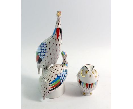 A Herend pair of large guinea fowl, 18.5cm tall and a similar owl group