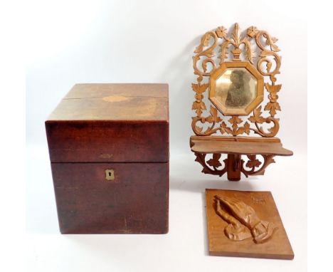 An early 19th century mahogany decanter box, 22.5cm wide - a/f and a fretwork framed mirror with folding shelf and a carved t