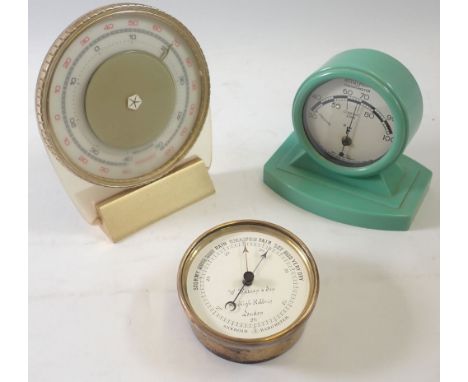 An H Watson &amp; Son miniature marine barometer in brass case plus a vintage desk thermometer and a Rototherm green Bakelite