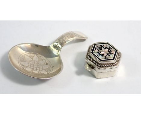A silver hexagonal pill box with inlaid decoration and a silver caddy spoon 1934 by W S Savage 