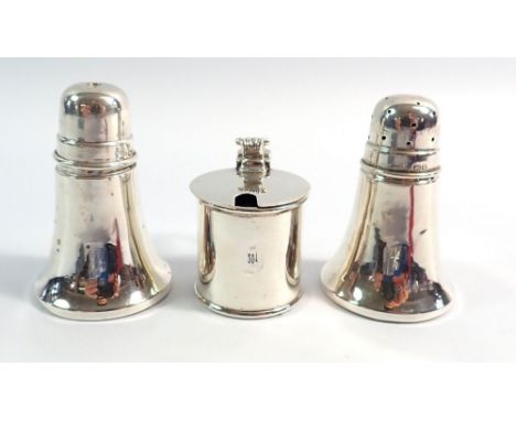A silver circular tapered pepper and salt by Mason &amp; Jones, Birmingham 1932, 6cm tall and a silver mustard with hinged li