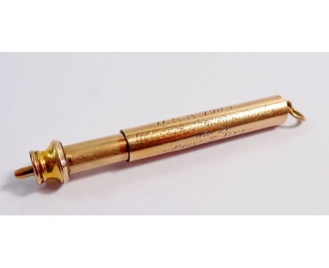 A 9 carat gold extending pencil engraved presentation 'Officers Challenge Trophy 1903', 10.4g total weight