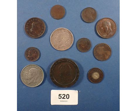 A quantity of British 18th - 20th Century coins, 11 in total, including George III Cartwheel 1797, halfpenny 1806, George IV 