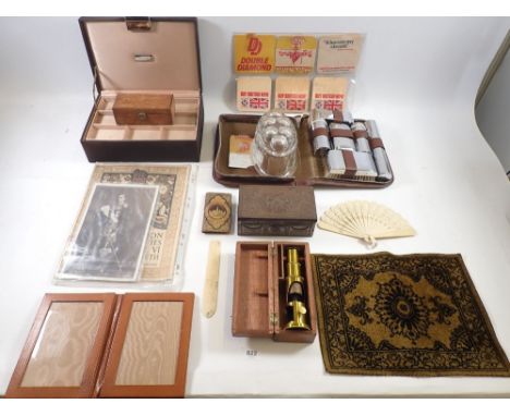 A gentleman's chrome toiletry set, leather photograph frame and various collectables including student microscope, cheroot ho