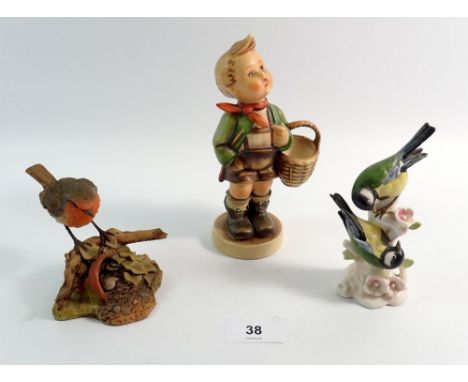 A Hummel figure of boy, 17cm with basket and a Goebel great tit group