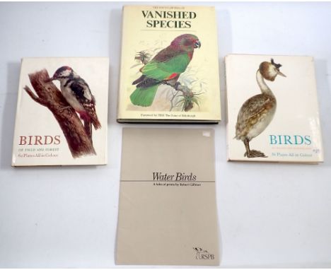 The Encyclopedia of Vanished Species plus two other bird books and a RSPB Water Birds a folio of prints by Robert Gillmor 