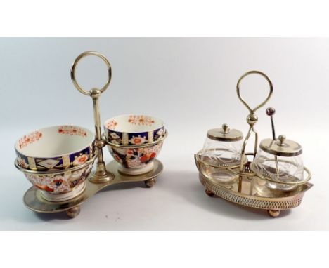A silver plated stand with cut class preserve pots and another with two Davenport Imari sugar bowls 