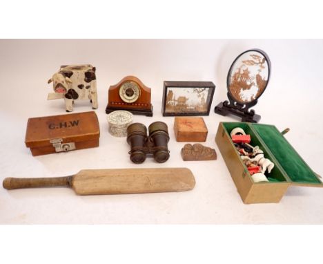 A mantelpiece barometer, 17cm wide plus various collectables including Chinese cork pictures