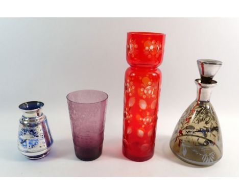 A group of vintage coloured glass including silvered decanter, blue silvered vase, red faceted vase and purple etched tumbler