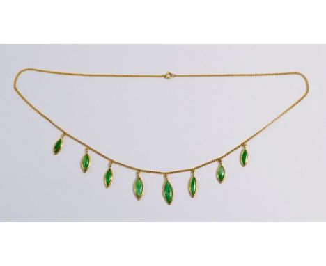 A Chinese 10k gold and jade eight drop fringe pendant necklace - boxed, 6.7g