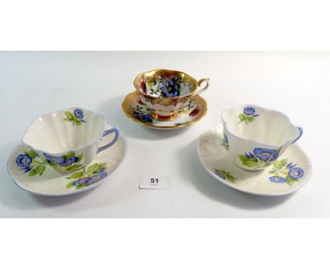 Two Shelley Morning Glory teacups and saucers and a Royal Albert one 