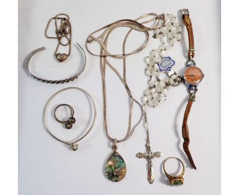 A group of silver jewellery including a heart pendant on chain, bangles, flat link Italian necklaces, rings etc plus a vintag