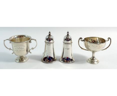 A silver tapered salt and pepper, Birmingham 1915, 7-5cm, 46g plus two miniature trophy cups - one for Eisteddfod, 1927, 69g