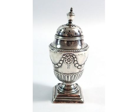 A Victorian silver pepperette with swag decoration by J B, London 1889, 8.5cm tal, 43g